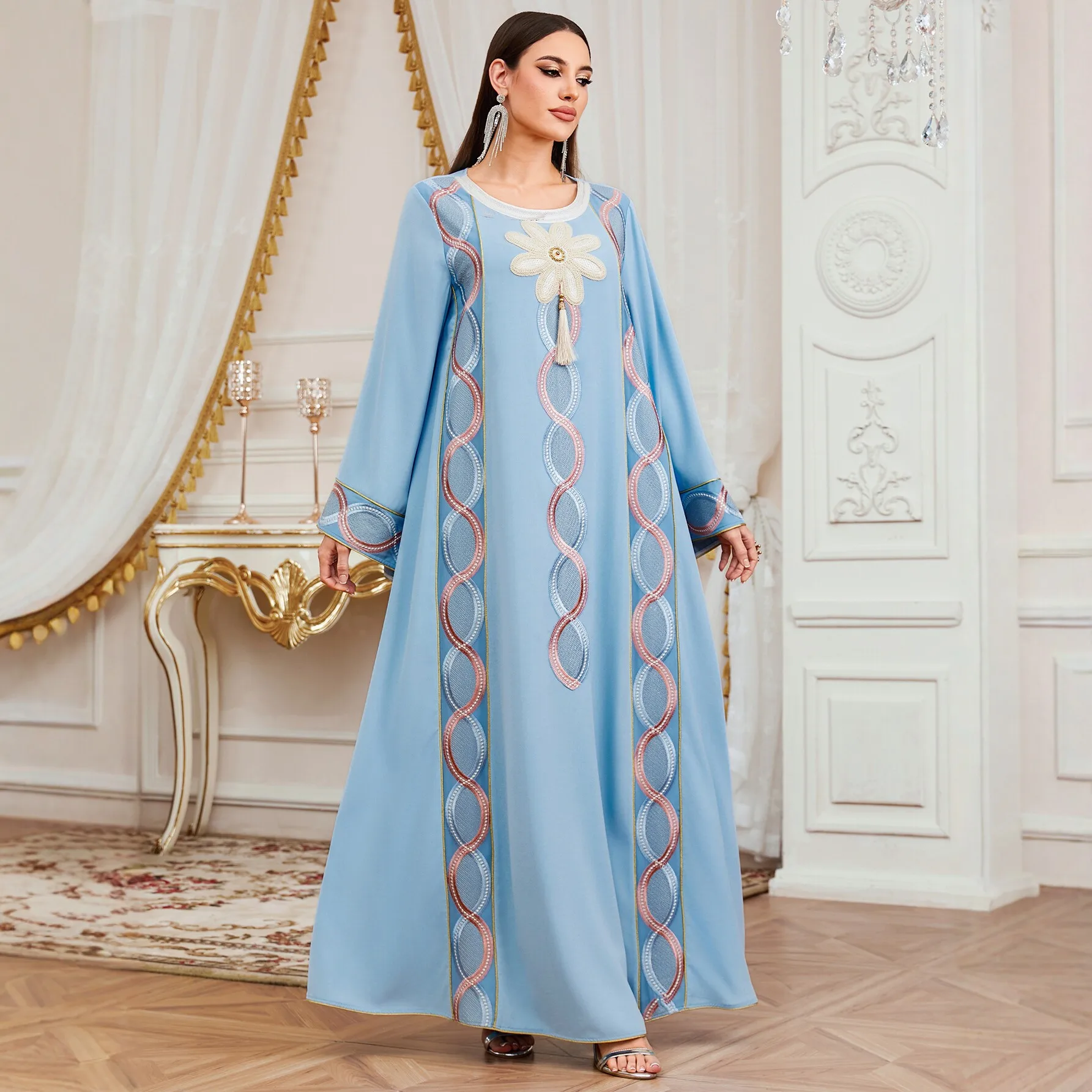 

Muslim Women Embroidered Abaya Dresses Tassels for Dubai Ramadan Loose Arab Robe Jalabiya Morocco Kaftan Turkish Femme Vestidos