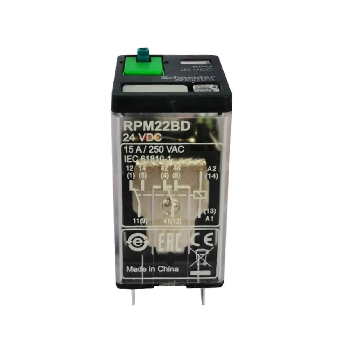 RPM22BD Power plug in relay, Harmony, 15A, 2CO, with LED, lockable test button, 24V DC