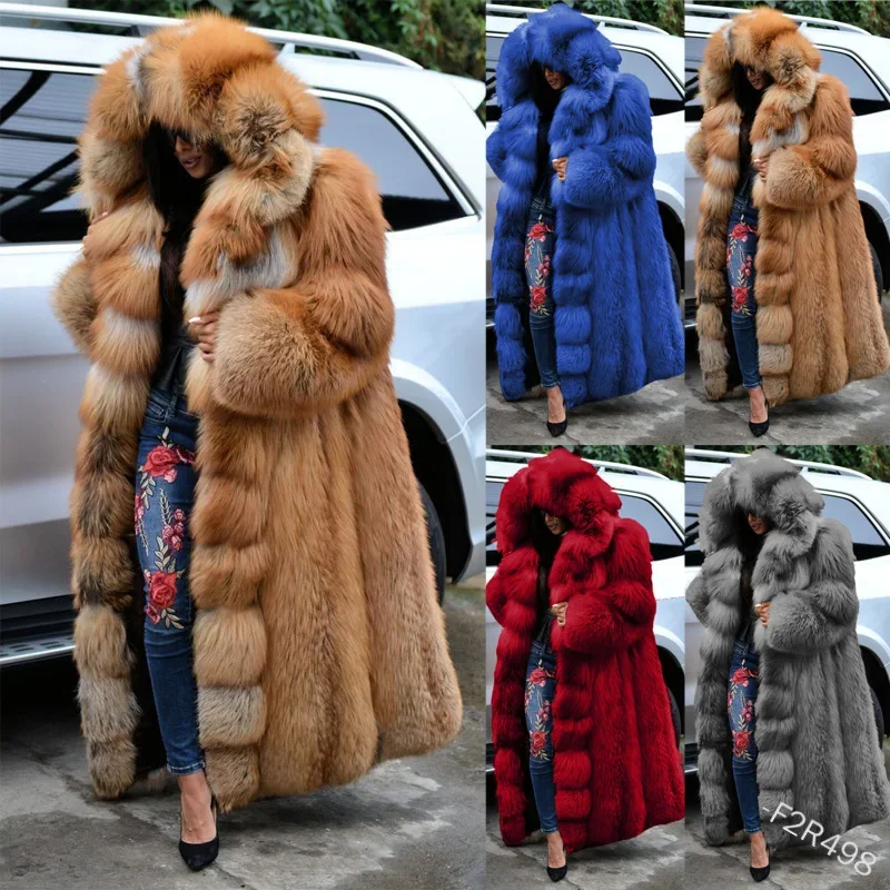 New Faux Fur Fox Fur Hooded Coat Women High Quality Genuine jacket Thick Jackets 130cm Long Winter Warm Overcoats Luxury Fur