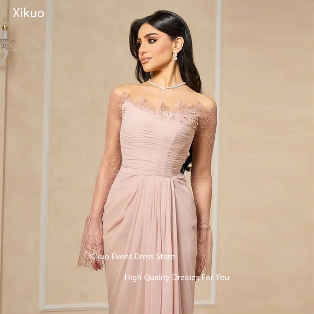 

Xikuo Elegant Appliques Chiffon Evening Dresses Off Shoulder Illusion Vestidos De Fiesta Saudi Arabric Party Dresses Customized