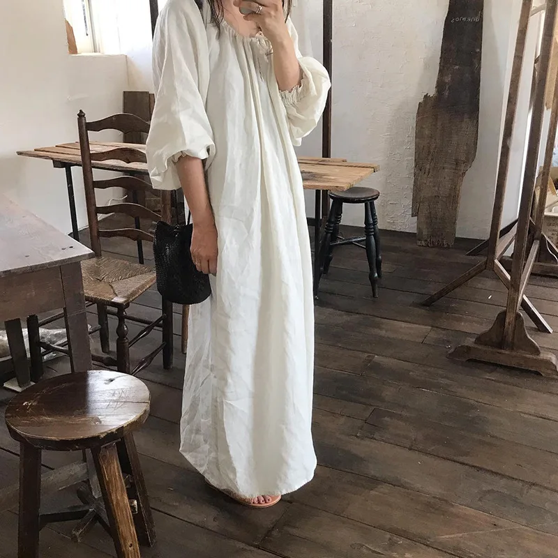 2024 New Spring 100% Cotton Dress for Women Solid Long Sleeve Drawstring Office Lady Elegant Maxi Dress