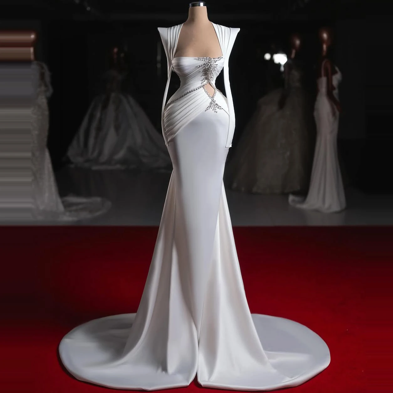 Evening Dress Long-Sleeved Formal Dress With Train Rhinestone Embellishment Women Suitable For Formal Occasions