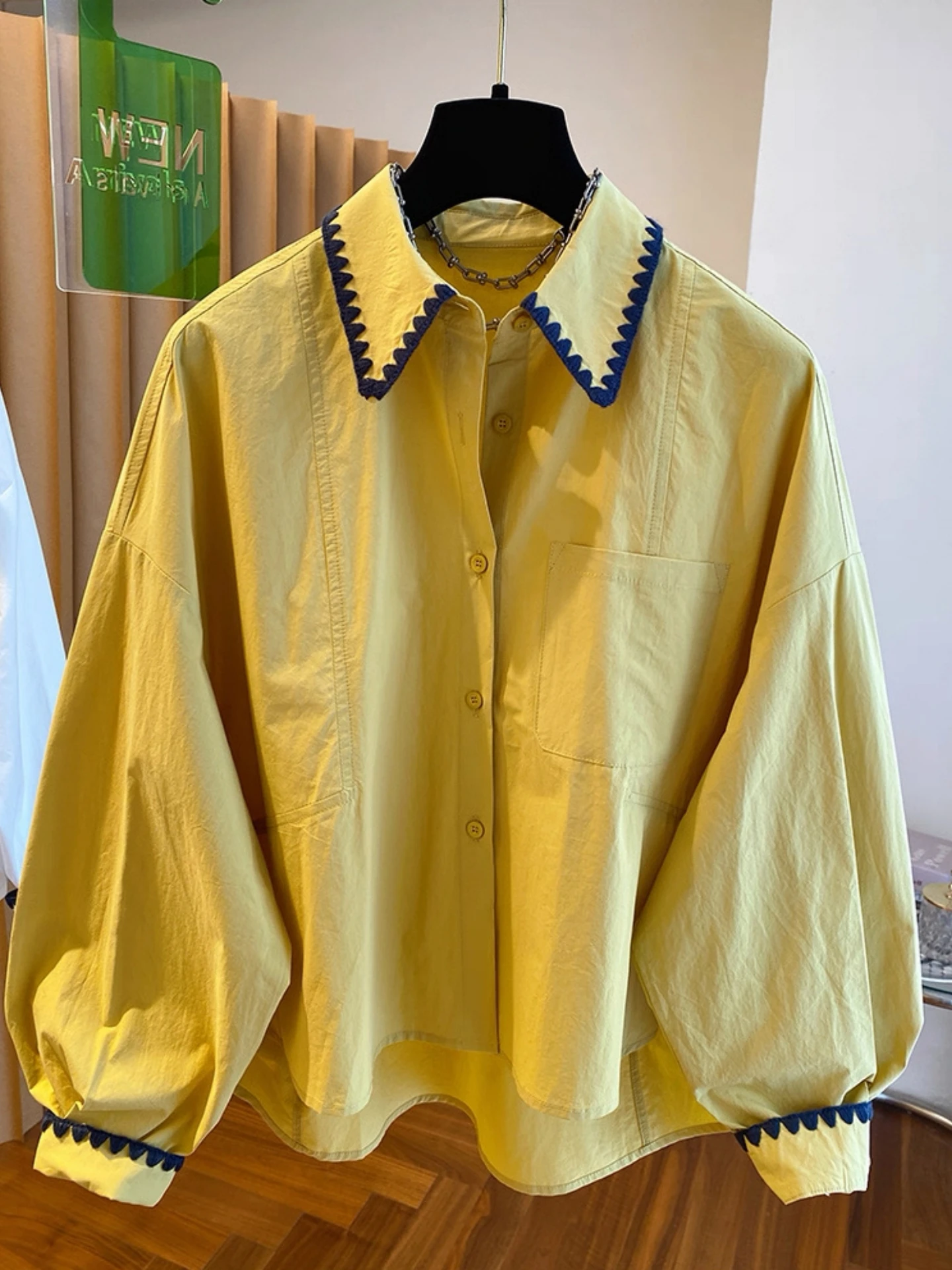 

Retro Long Sleeve Workwear Shirt Women Spring Autumn New plus Size Fat MM Slimming Belly Covering Embroidery Top