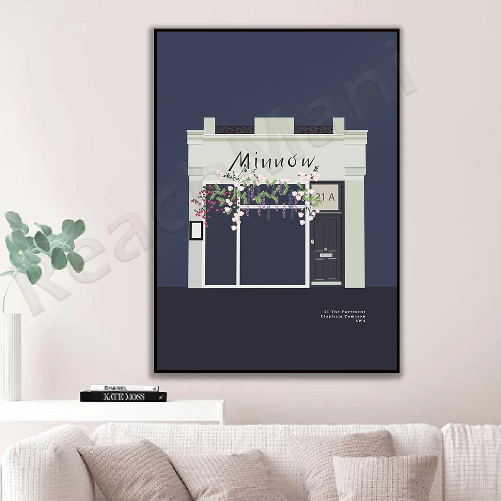 Minnow Clapham Common Cafe Illustration Südlondon. 21. Bürgersteig, SW4 dekorative Leinwand gedruckte Poster