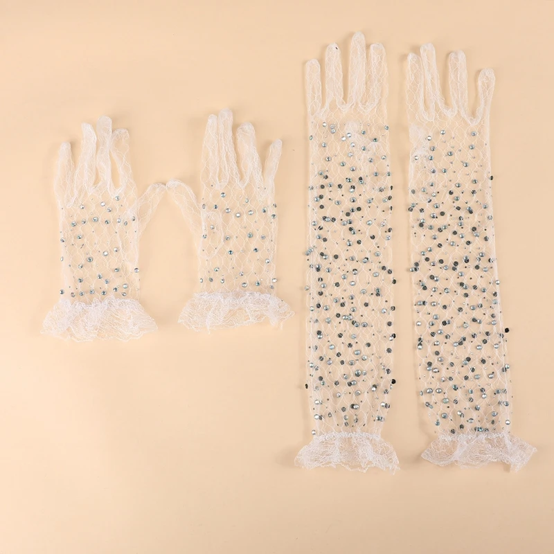 Luvas longas na moda para mulheres, malha brilhante, diamante, fio sexy, strass, acessórios de Halloween, casamento, festa noturna