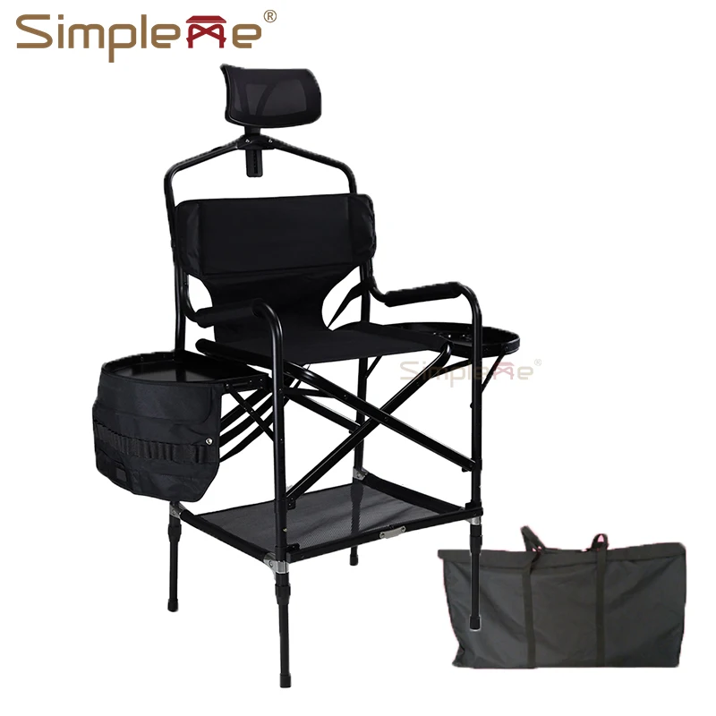 Simpleme Lightweight Aluminum Portable Folding Tall Director Adjustable High Makeup Artist Chair With Headrest