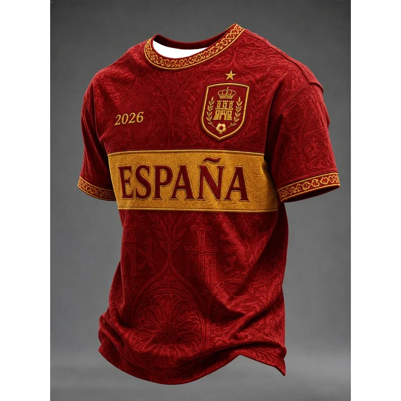 2026 Family Matching Spain Raglan Split Golden Border Architectural Crest Themed Football Jersey Breathable Quick-Dry Soccer Tee
