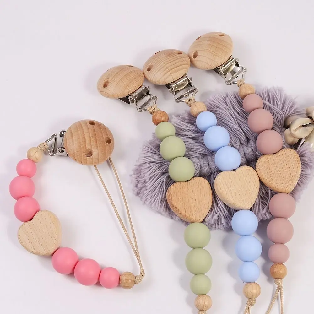 

High Quality Silicone Pacifier Clips Anti-drop Wooden Teether Teething Lightweight Gift Pacifier Holder Chain Newborn