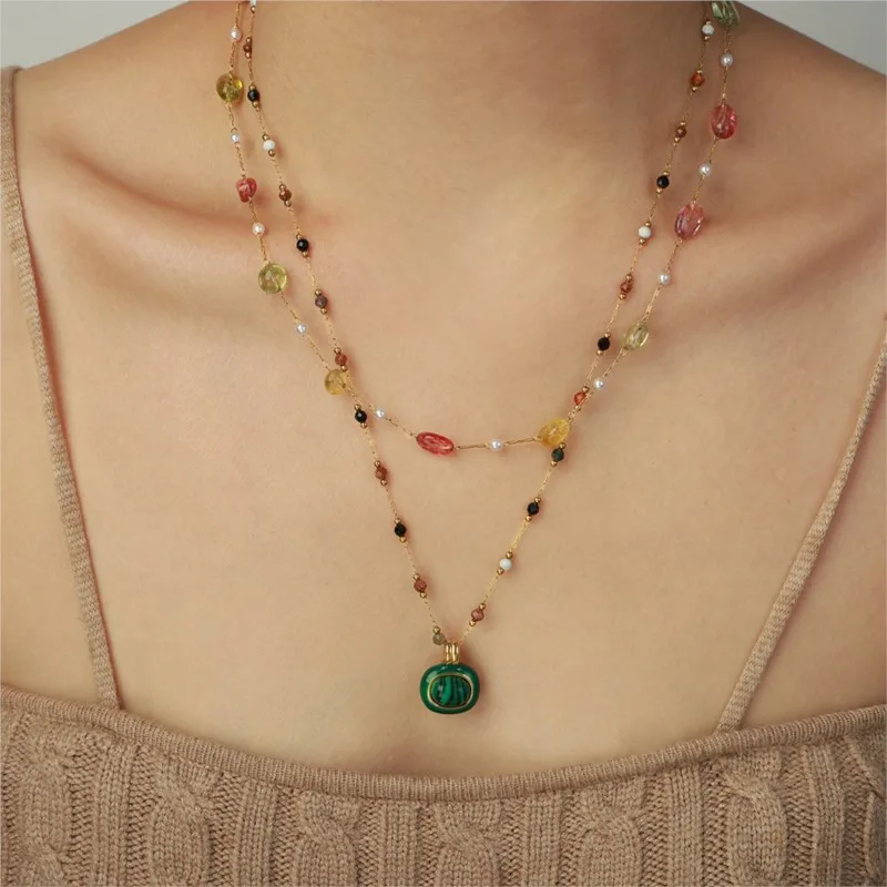 Malachite Pendant Necklace For Women Stainless Steel Gold Plated Natural Stone Pearl Beads Female Necklaces Luxury Woman Jewelry