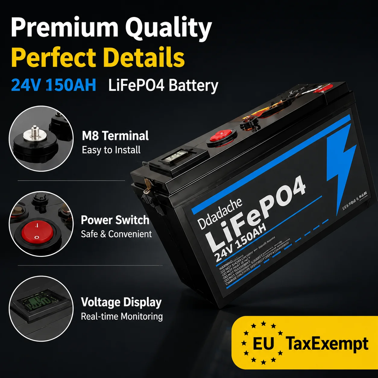 Lithium LiFePO4 Batterie 24V 150Ah, mit USB-Anschluss für Off-Grid-Anwendungen, Solarladung, Marine, Fischfinder, Outdoor-Camping