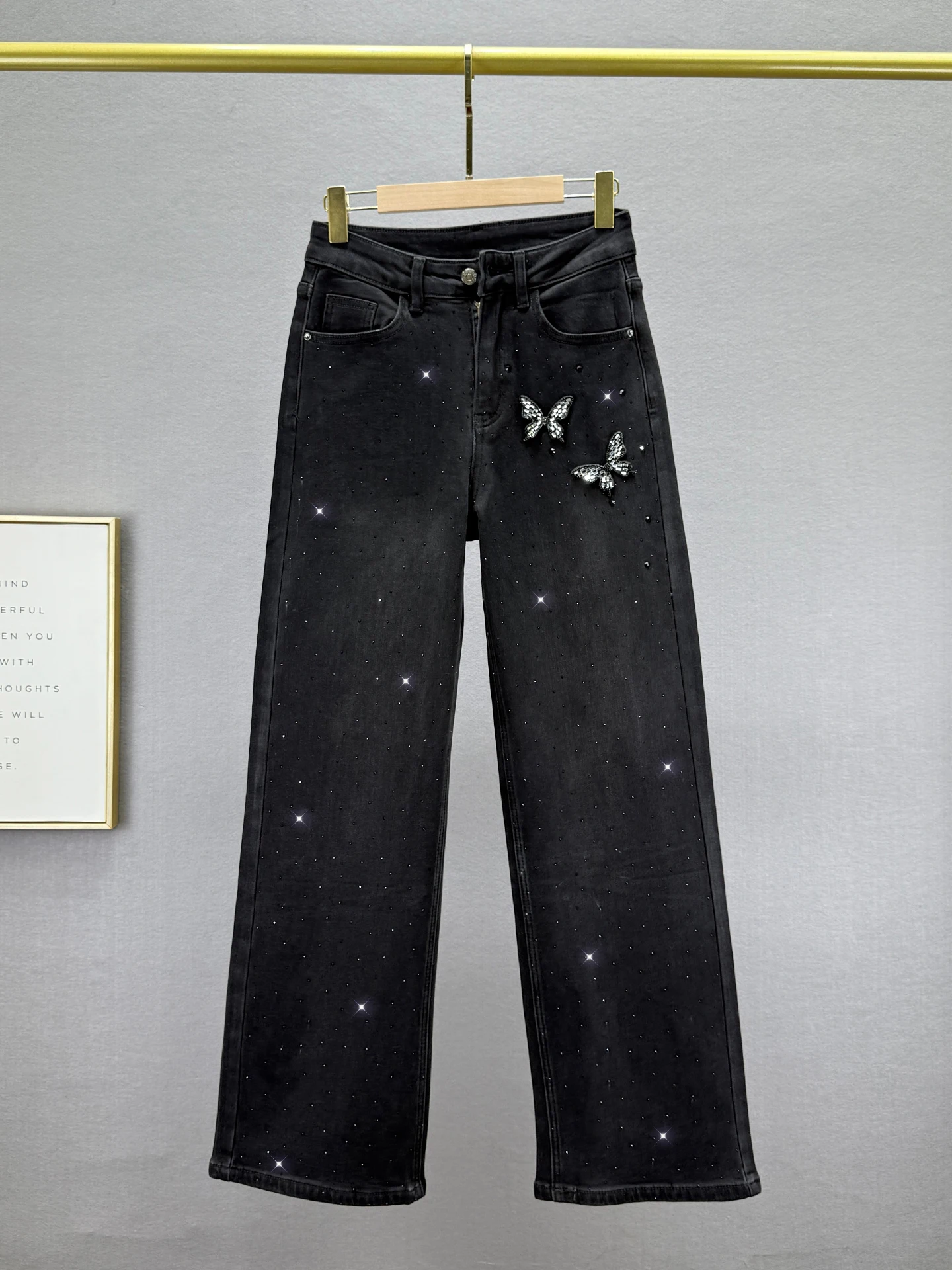 

High Waist Wide Leg Denim Pants Women's Winter New Sle Faux Velvet Loose Slimming European Sle Iron on Rhinestones Extend...