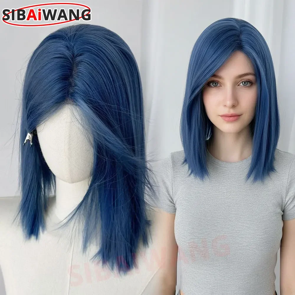 Women Blue Bob Lace Front Wig Synthetic Straight Lace Frontal Wigs Natural Hairline Wig for Daily Wear Cosplay Party Halloween