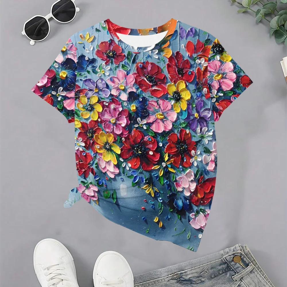 

Women's Oil Painting 3D Multicolor Floral PrintT-Shirt - Summer Casual Fashion Fit Round Neck Short Sleeve
