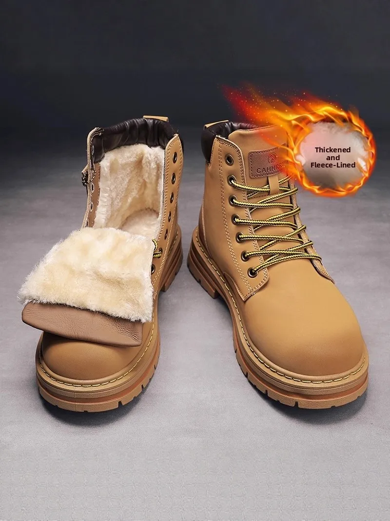 Men's Winter  Boots High Top Cotton Shoes Fleece Lined Thick Bottom Heightening Warm Snow Boots British Style Workwear