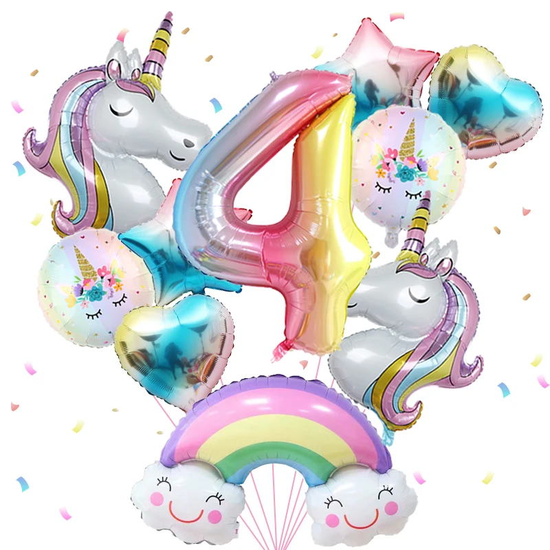 1 set regenboog eenhoorn meisje ballon aluminium film ballon set met lachende regenboogfolie 1e pasgeboren feestdecoratie benodigdheden