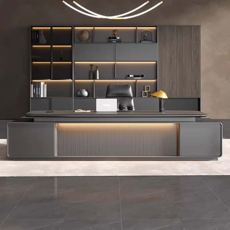 Luxury Lacquer Executive Desk with Ambient Light Strip 1.8-2.2m Modern CEO Office Desk High-End Boss Desk with Socket furniture
