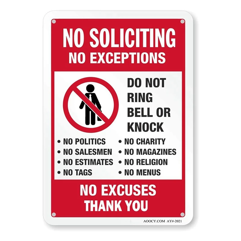 No Soliciting Sign, Funny Decor For House Door Office Business Yard,Metal Aluminum Rust Free, No Excuses, No Exceptions Durable