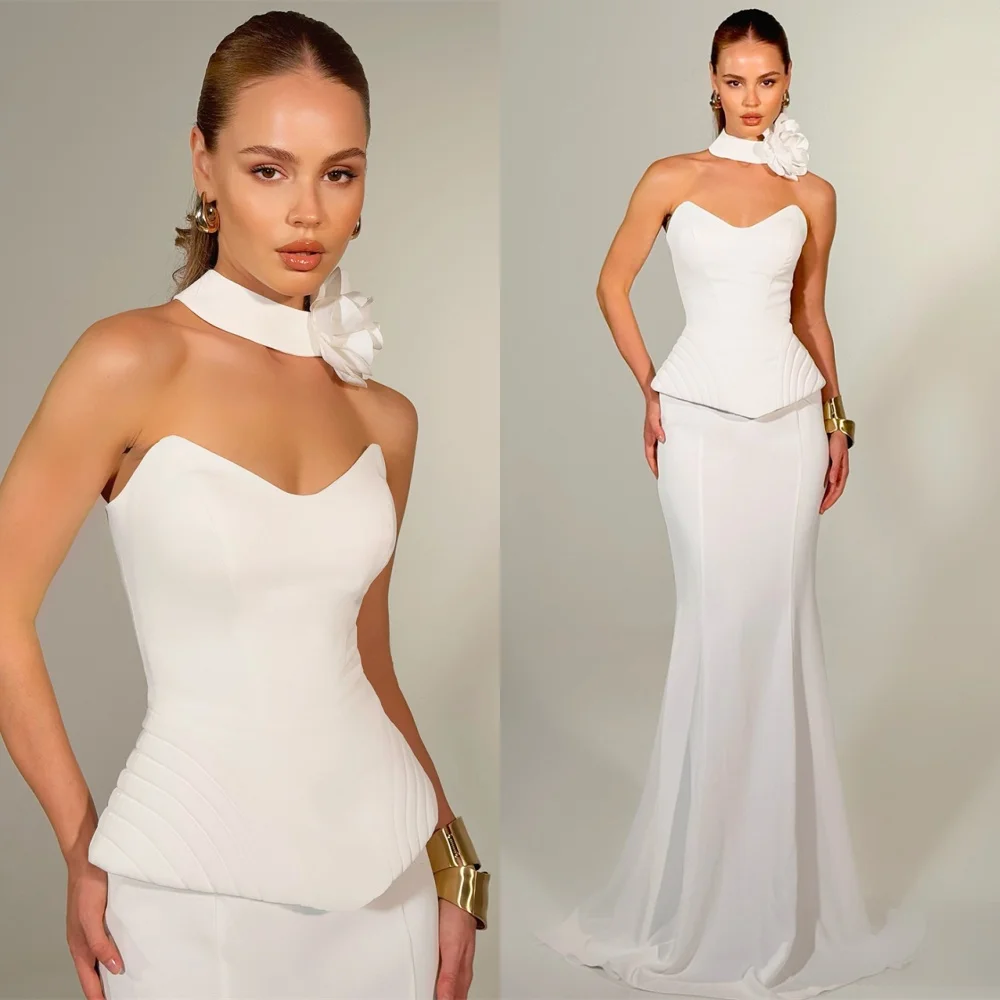 

Customized Mermaid Simple White Jersey Evening Dresses Exquisite Strapless Sleeveless Homecoming Dress Temperament Prom Dress