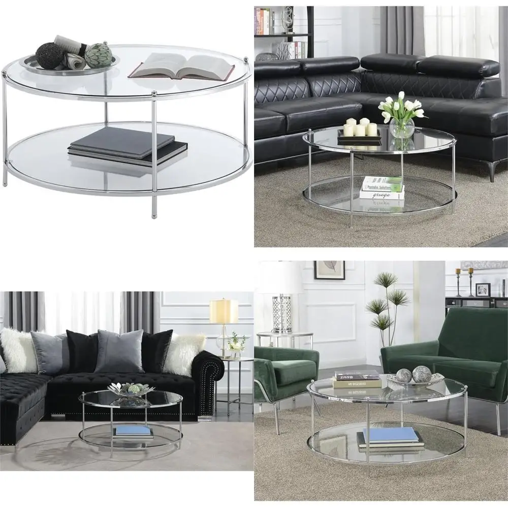 

двухъярусный круглый стеклянный журнальный столик с прозрачным стеклом и хромированной рамой