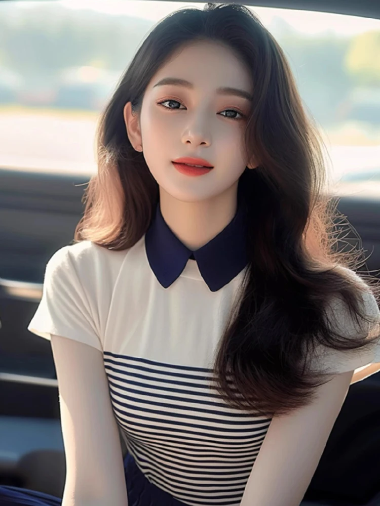 

Faionable Striped ort Sve Топ для похудения с отложным воротником Корейский Sle Универсальная основа irt Poetic Lin Commute Sle Loo...