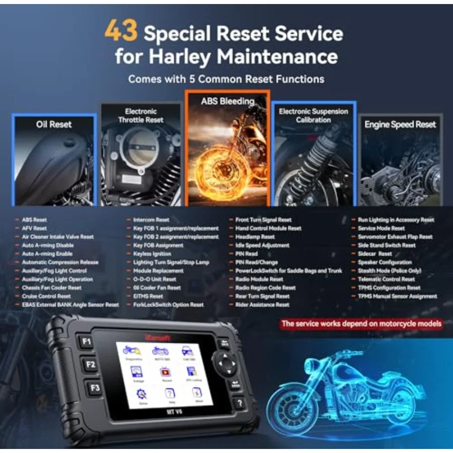 MT V6 Motorrad-Diagnose-Scan-Tool für Harley All System Motorrad-OBD2-Scanner mit 57 Betätigungstests, 43 Spezialfunktionen