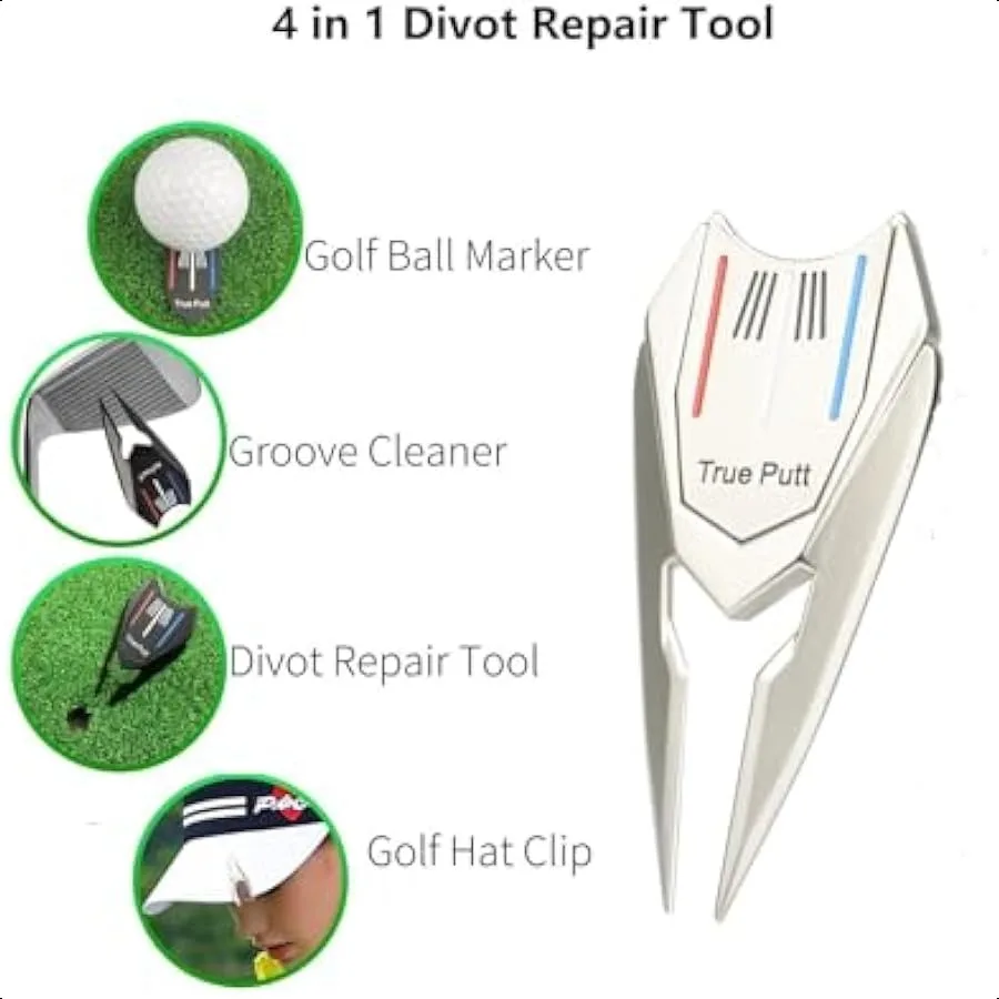 Multifunctional Golf Divot Repair Tool with Strong Magnetic Golf Ball Marker and Hat Clip Metal Golf Ball Cleaner with Thin Tip