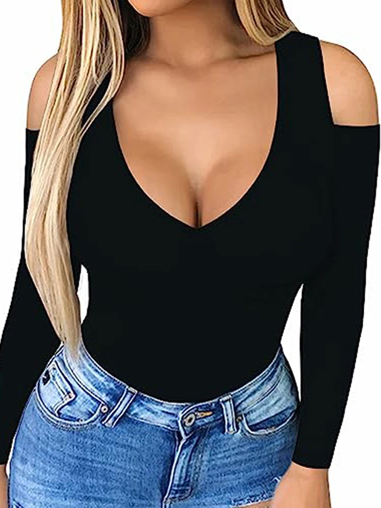 Nice-Forever Sexy Low Cut Pure Color t-shirts with Cold Shoulder Women Summer Tees tops MY488