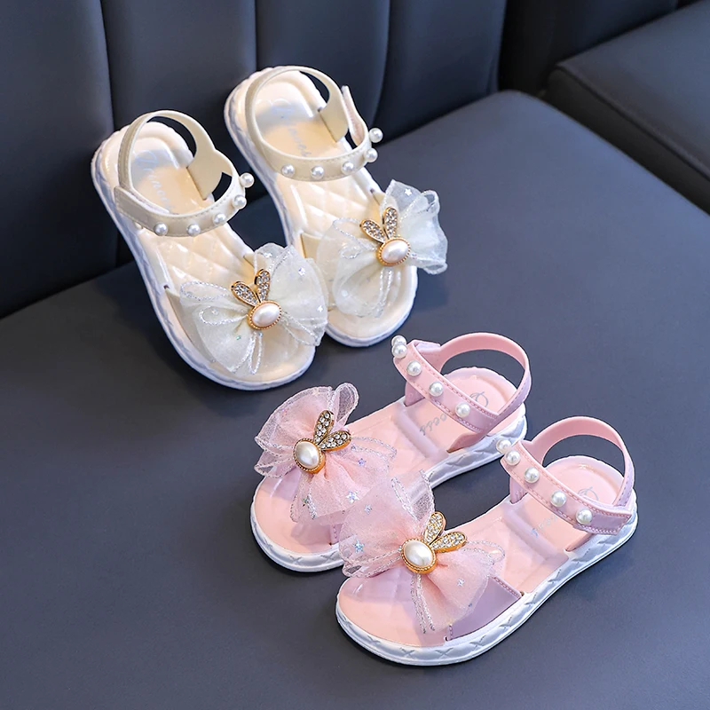 Summer Pretty Bow Beading Decoration Sandals For Aged 1-7 Girls Children Slippers Non-slip Seabeach Flip Flops Home Kids Shoes