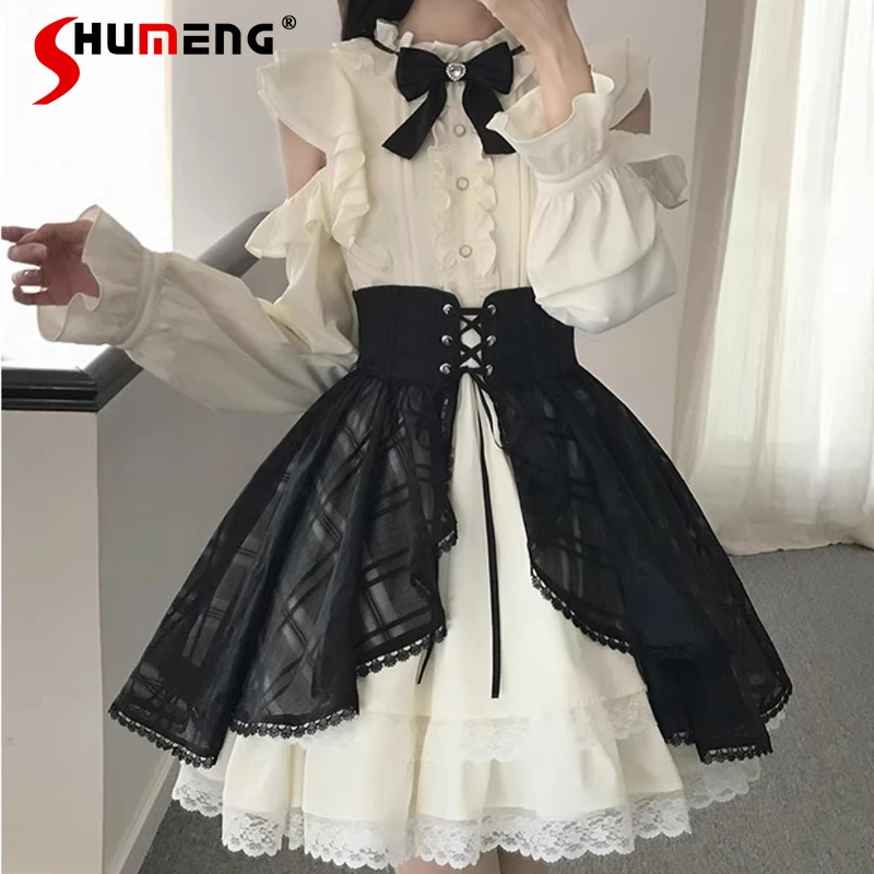 

Black And White Off-the-shoulder Princess-style Long-sleeved Dress With Overskirt Y2k Clothes Women's Fashion Dresses Outfit