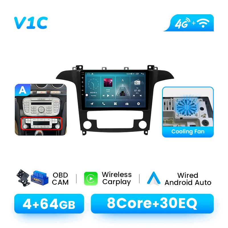 Voor Ford S-Max 2007-2015 9 Inch Android14 Autoradio 8-Core 1280*720 IPS AI Voice Draadloos CarPlay Android Auto DSP 4G WiFi GPS Multimedia Speler