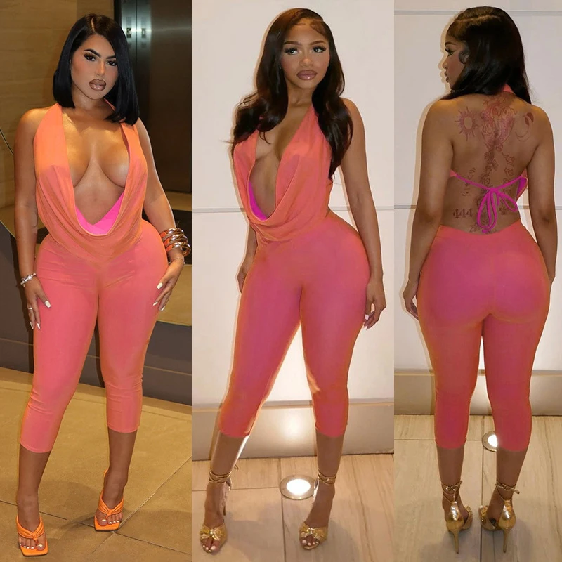 Sexy Bottle Girl Uniforms 2 Piece Sets Woman Outfit Halter Deep V-Neck Tops and Capri Leggings Pants Set Matching Night Clubwear