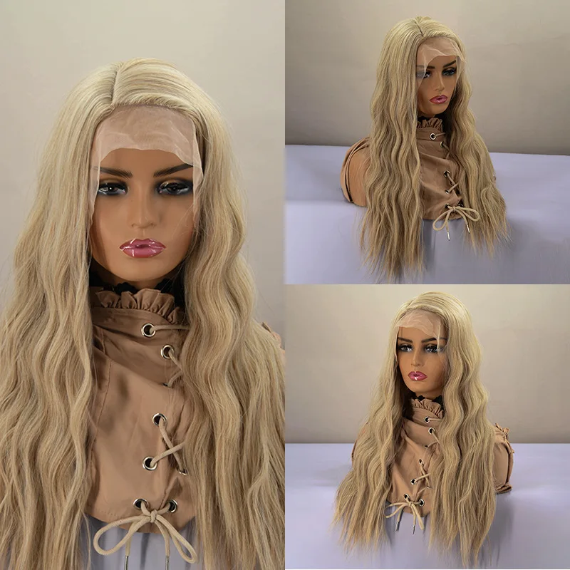 

Европейский и американский модный синтетический парик с естественной средней проборкой, длинными кудрявыми волосами и пышной кружевной передней частью для женщин.