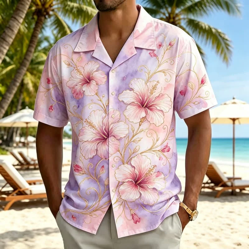 Men's gold thread watercolor style plant print Hawaiian shirt, for summer adventures, poolside, daily wear, and short vacations