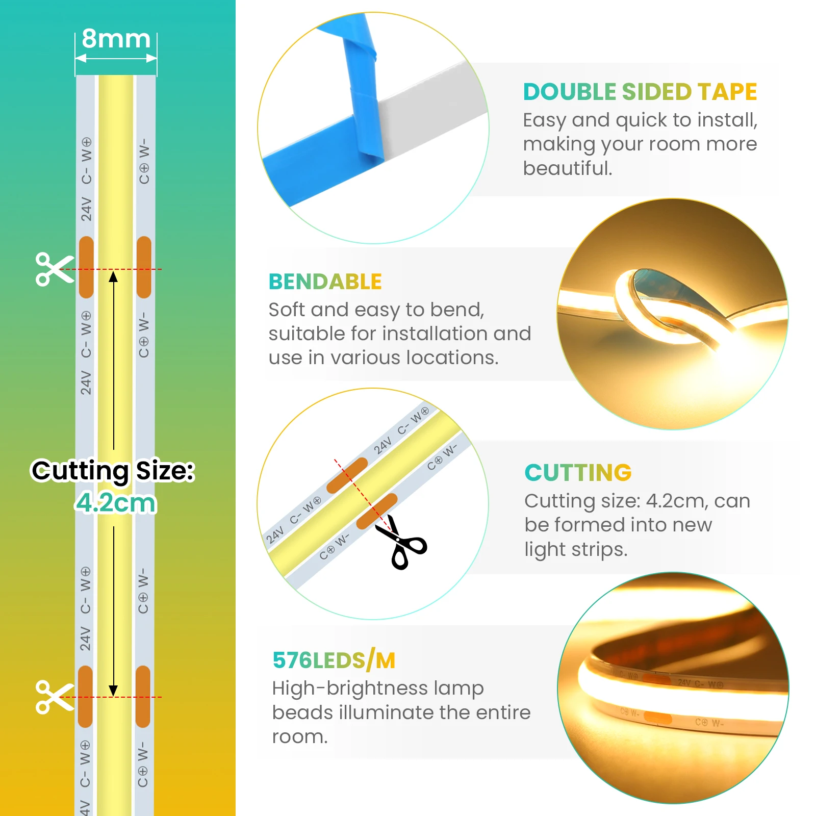 DC 24V CCT COB Strip 576Leds/M 2700K - 6500K White Dimmerable High Density Flexible Ribbon Rope LED Light For Home Decor