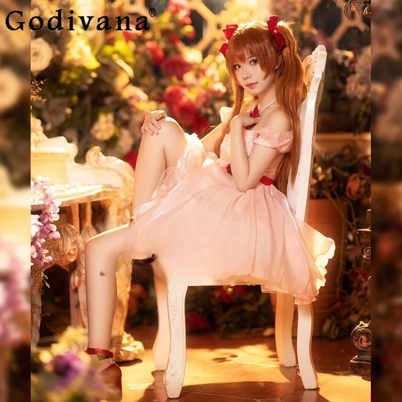 Conjunto de vestido cosplay sussurro de flor feminino asuka langley doce vestido rosa feminino role play uniforme roupa de halloween conjunto completo