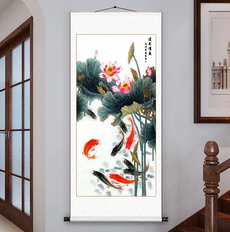 TOP business gift  Home office Vestibule WALL Decorative art 9 fishes Money Drawing GOOD Luck Mascot FENG SHUI ART painting