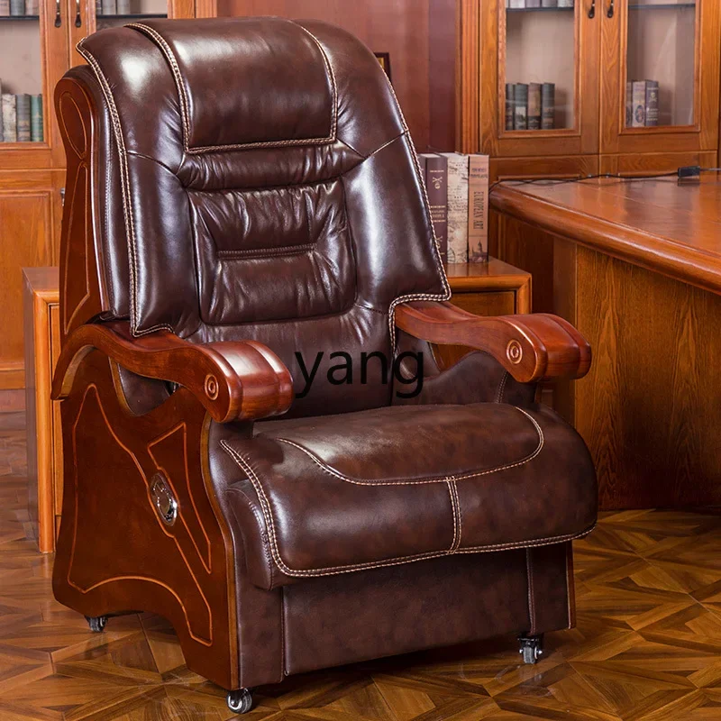 LMM leather luxury reclining leather art office solid wood chair four-legged computer chair