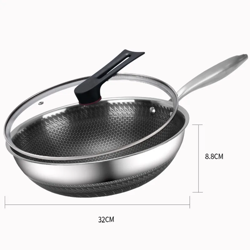 32cm Stainless Iron Frying Pan, Double-sided Honeycomb Flat Bottomed Pan, Uncoated Household Non Stick Pan, Vegetable Frying Pan