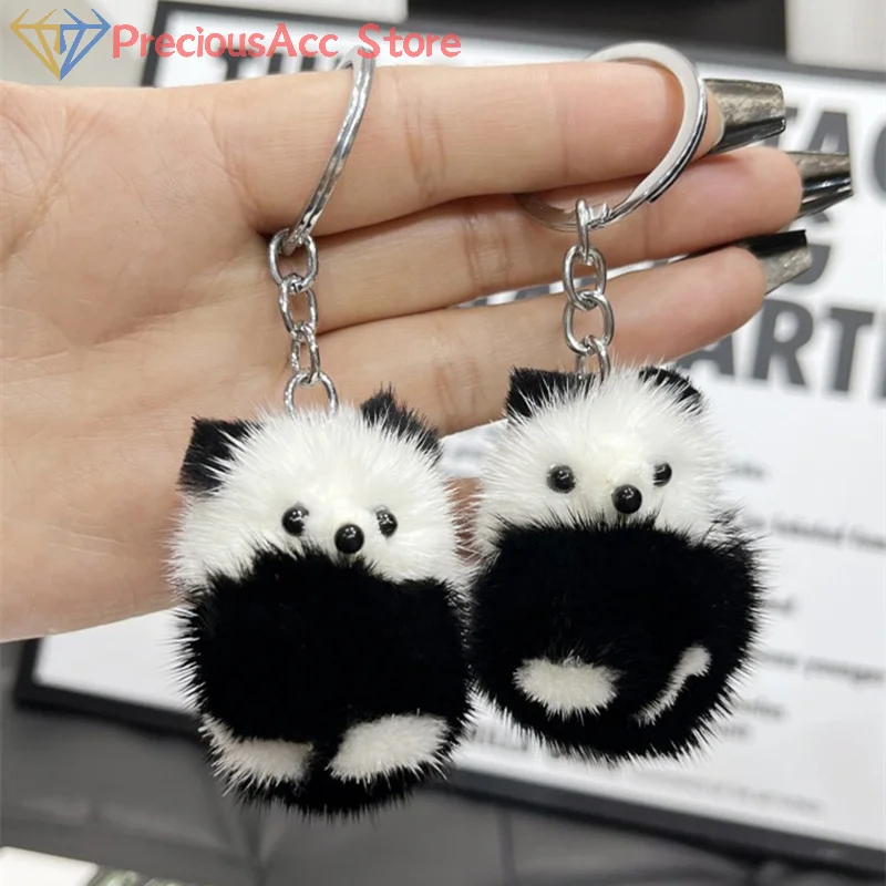 Mink Fur Panda Keychain Bag Pendant Creative Cute Black White Panda Mobile Phone Bag Plush Keyring Accessories