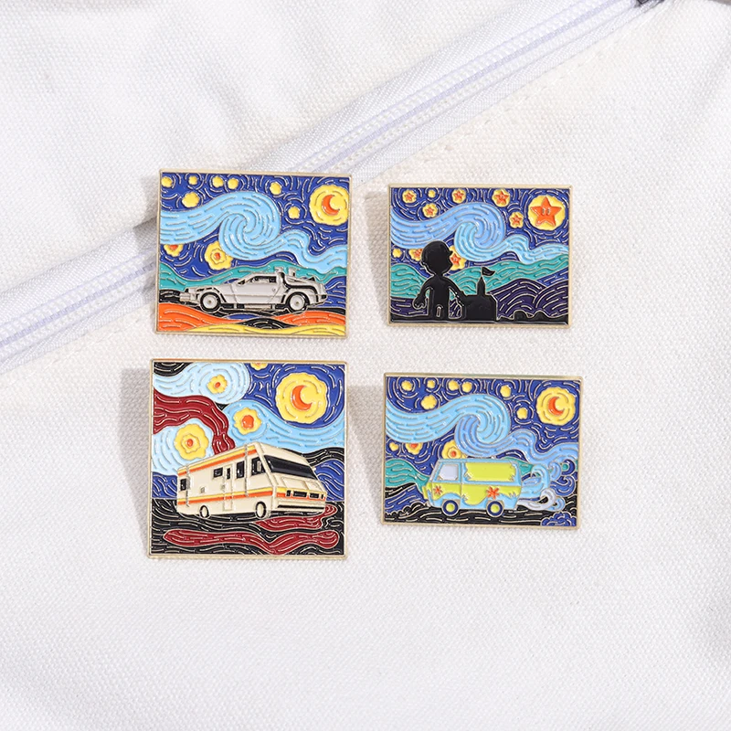 Genius Art Painter I Want Tobelieve Enamel Pins Night Starry Sky Bus Car Art Oil Painting Brooches Lapel Badge Gift For Friends