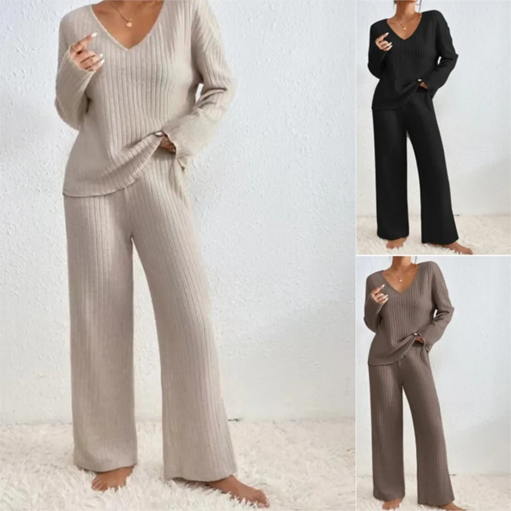 Women\'s Autumn and Winter Suit Fashion Casual Pit Strip Wool V-Neck Top and Straight Pants Solid Color Sweater Two-Piece Set