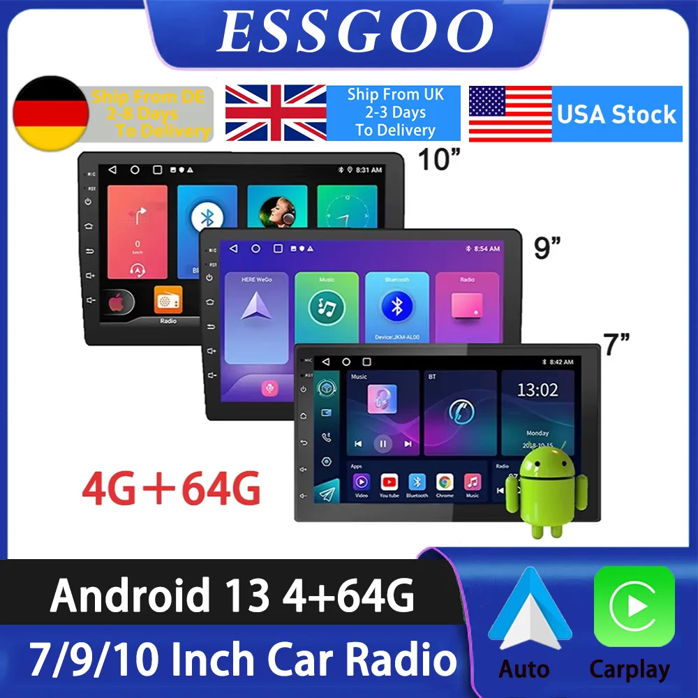 

ESSGOO Car Radio Wireless Carplay Android Auto 2 Din 7"/9" GPS Navigator MP5 Player Glass Screen Wi-Fi FM BT Car Stereo