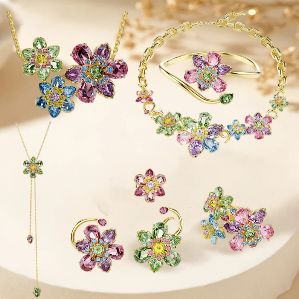 Colorful Flower Colorful Treasure Y-shaped Pulling Necklace Pink, Blue, Green Multi colored Large Gem Exaggerated Ring
