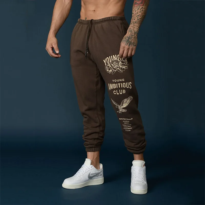 Pantalones deportivos y de ocio americanos, pantalones de entrenamiento para gimnasio, fitness y correr, pantalones de encuadernación de tobillo con estampado de bucle de algodón, 2024YA