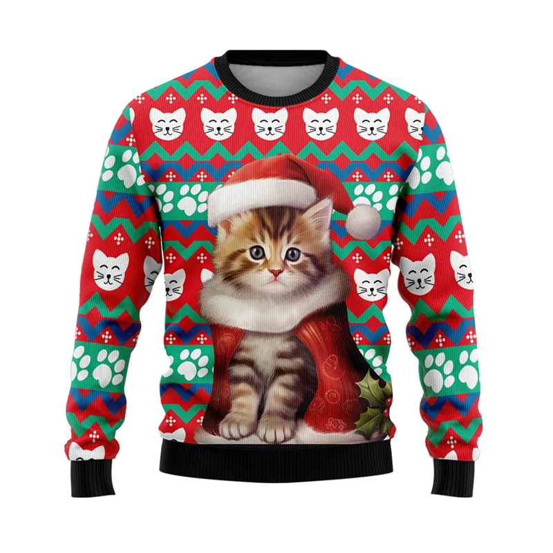 Cat Ugly Christmas Sweater Pet Mens Sweater Xmas Autumn Holiday Crewneck Sweatshirt Kawaii Cats Graphic Sweatshirts Unisex Tops