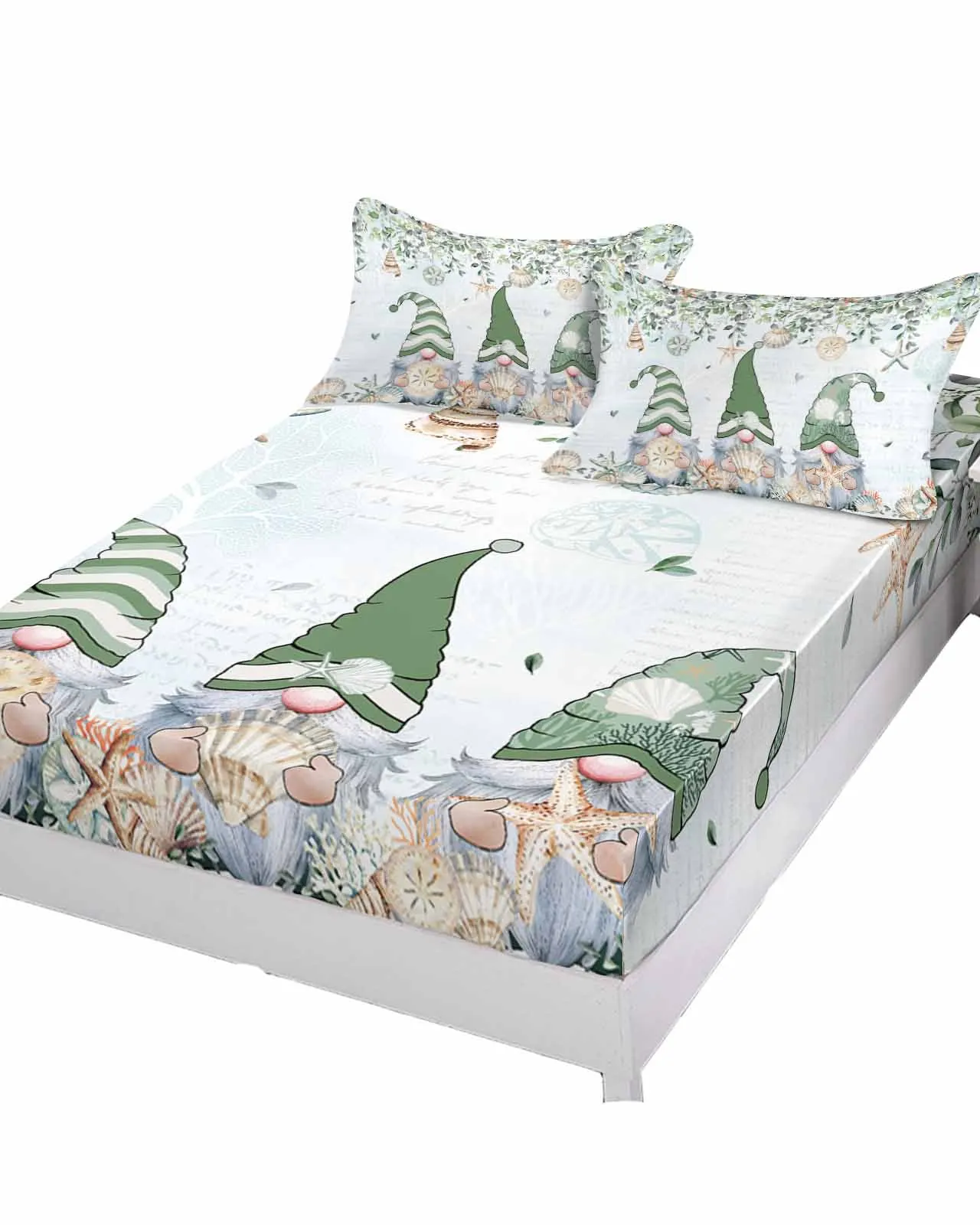 

Summer Shell Ocean Gnome Leaves Bed Mattress Fitted sheet Elastic Rubber Band Non-slip Bed Sheet Pillowcase Set