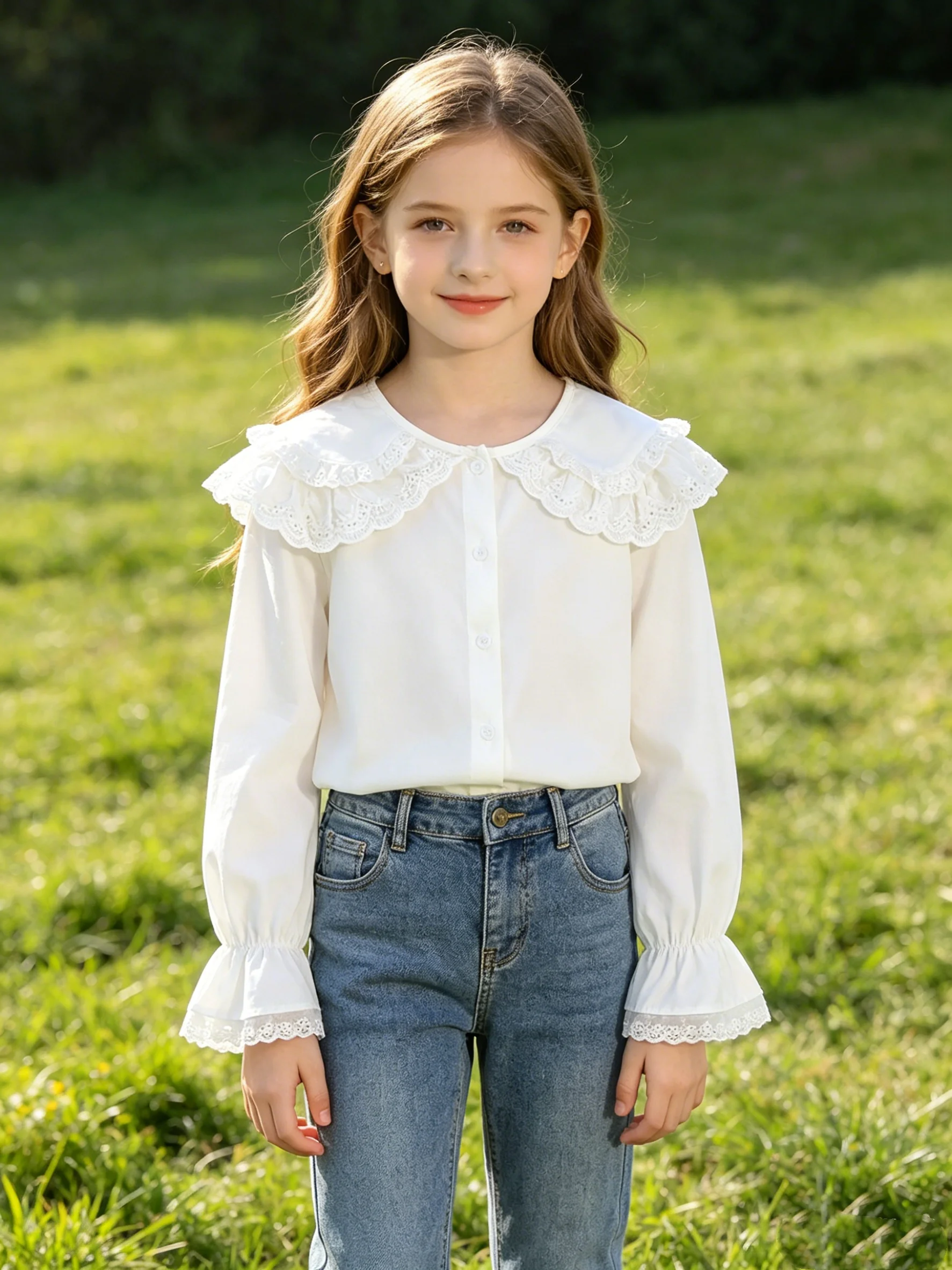 Langärmliges, kariertes, ausgestelltes Hemd für Mädchen mit Puffärmeln für Frühling und Herbst, einfarbig, lässiges Alltagsoutfit