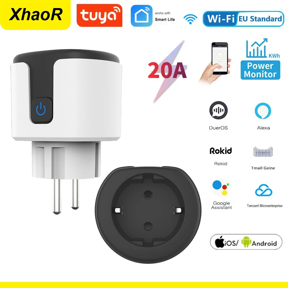 Tuya 20A EU Smart Plug WiFi Remote Power Socket With Energy Monitoring Function Voice Control For Alexa Yandex Alice Google Home