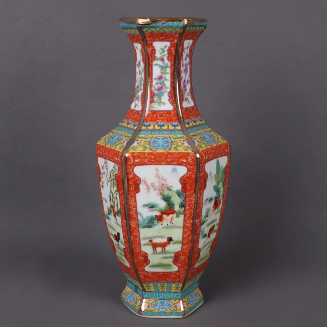 Qing Yongzheng Red Glazed Powder Colored Twelve Zodiac Pattern Hexagonal Bottle Antique Porcelain Decoration