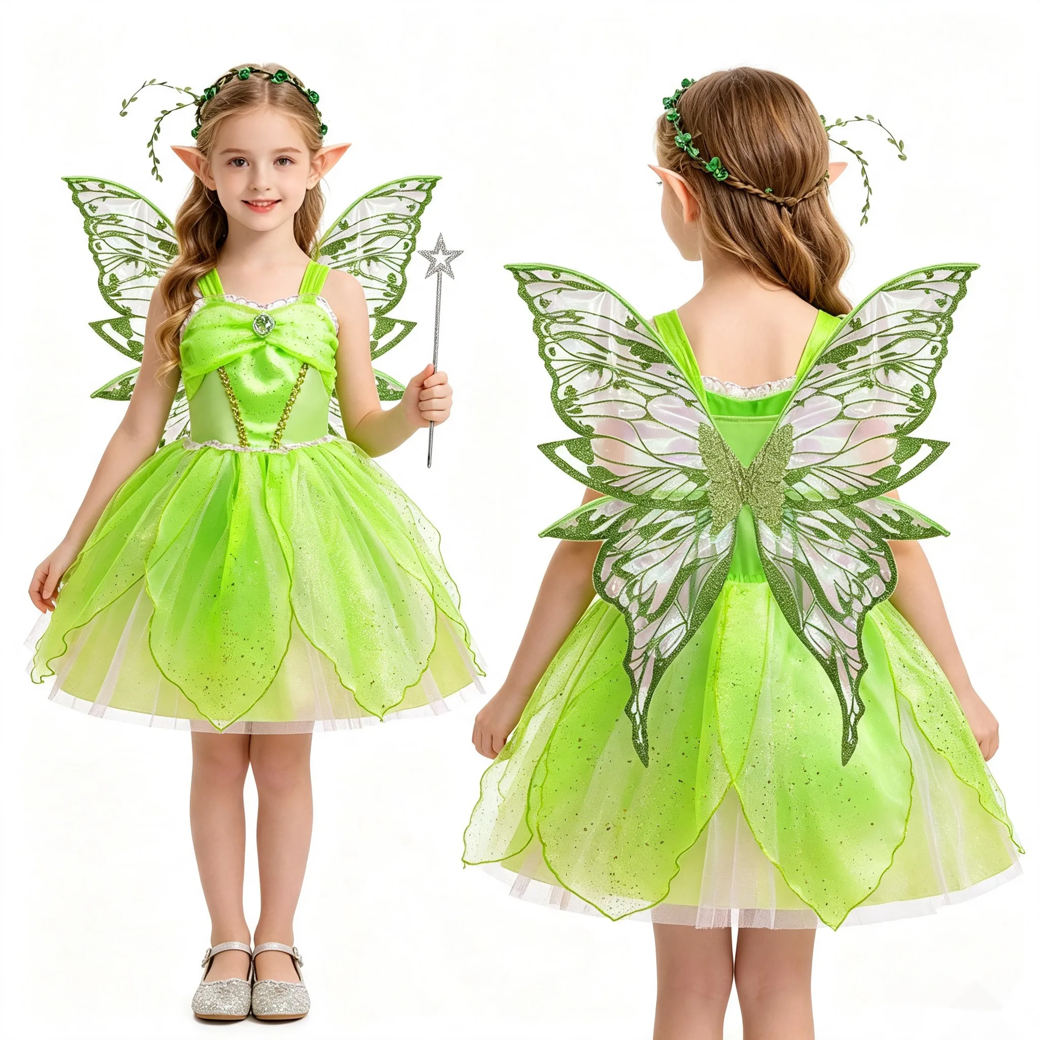Kids Girls Fairy Elf Costume Sequin Tulle Tutu Dress with Butterfly Wings Fairy Stick Garland Elf Ears for Halloween Photography